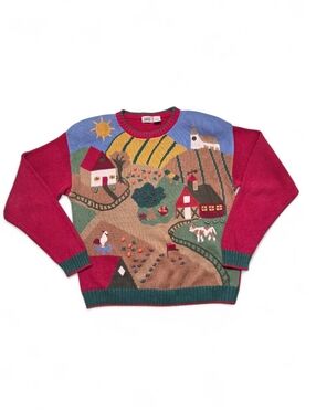 Lucia Vintage Farm Orchard 2D Knit Crewneck Sweater Novelty Fall